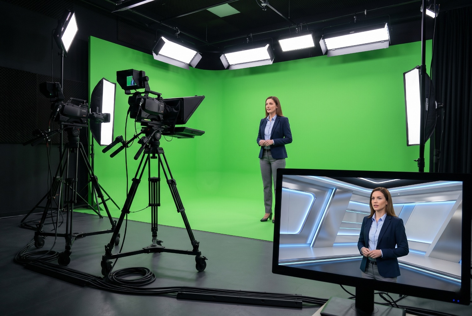 Webinar live na green screenie OneStream z wirtualną scenografią AR