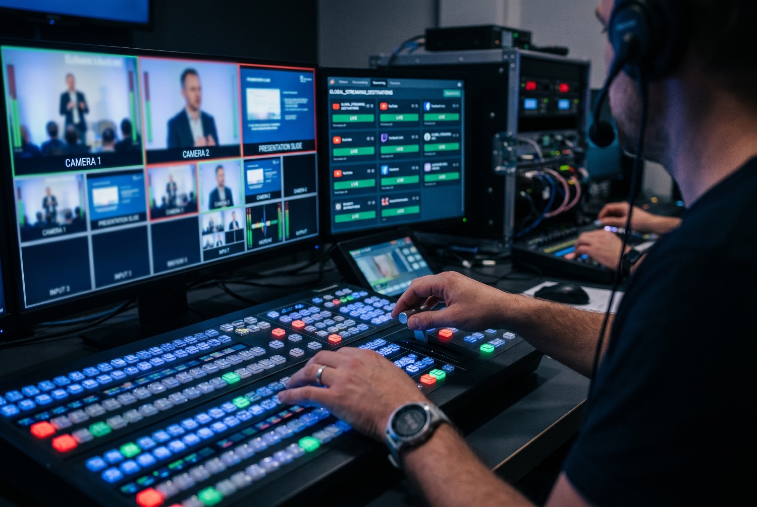 Reżyserka transmisji webinaru live OneStream z mikserem wideo i monitorami podglądu