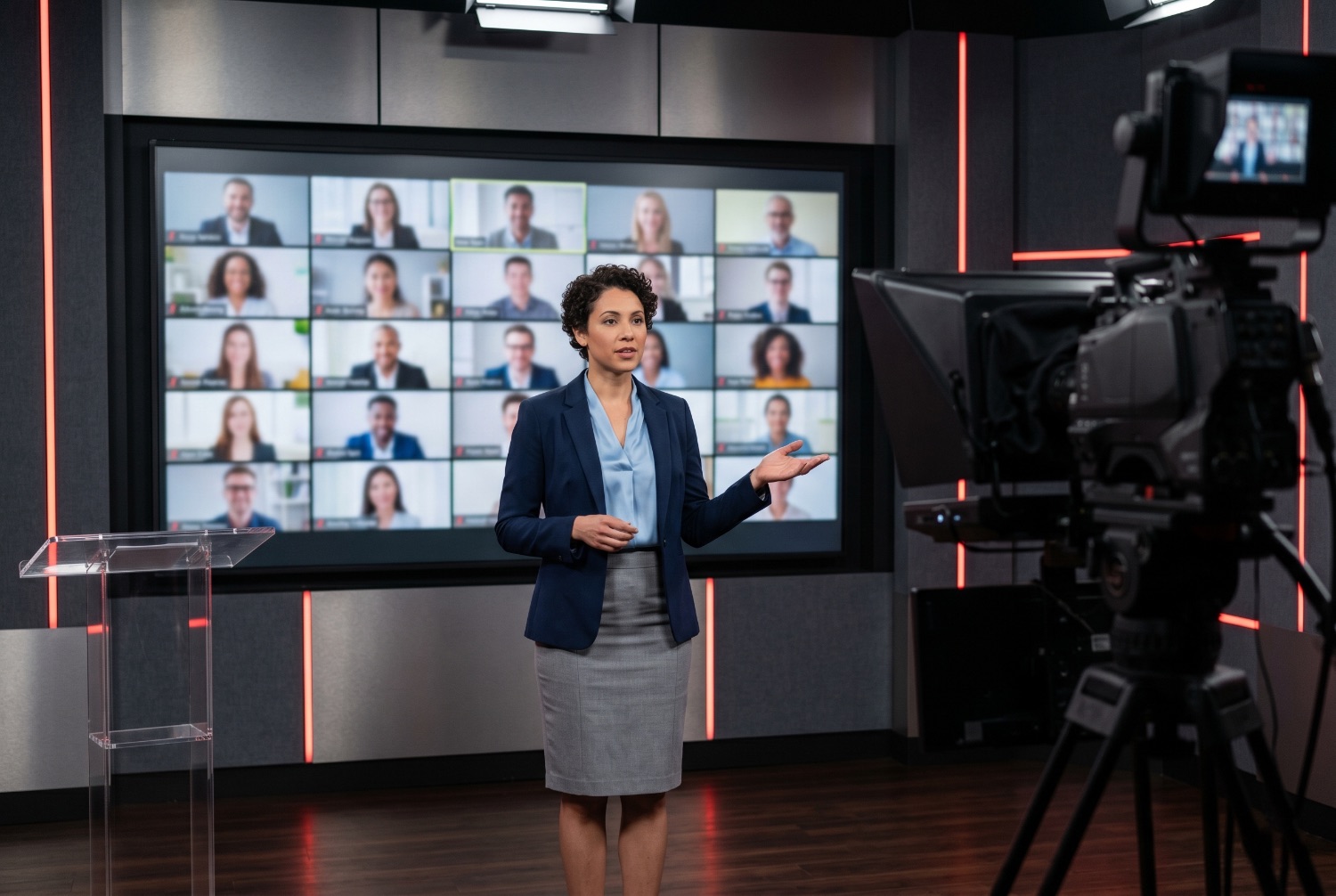 Webinar live OneStream ze zdalnymi połączeniami prelegentów na ekranie w studio